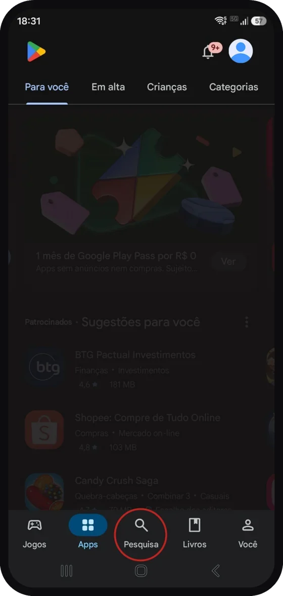 Tela do aplicativo Premium Administradora: Abra a Google Play Store no seu celular e toque em “Pesquisa”.