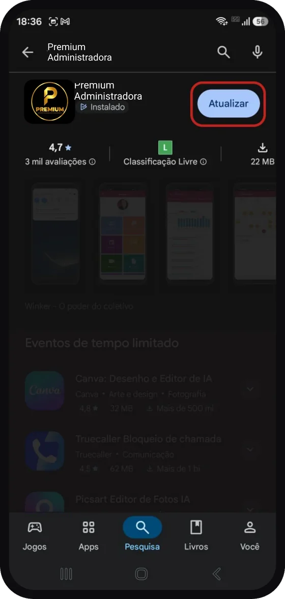 Tela do aplicativo Premium Administradora: Encontre o aplicativo nos resultados e toque em “Atualizar”.