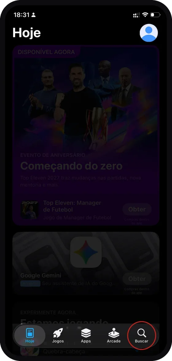 Tela do aplicativo Premium Administradora: Abra a App Store no seu iPhone e toque em “Buscar”, na parte inferior da tela.