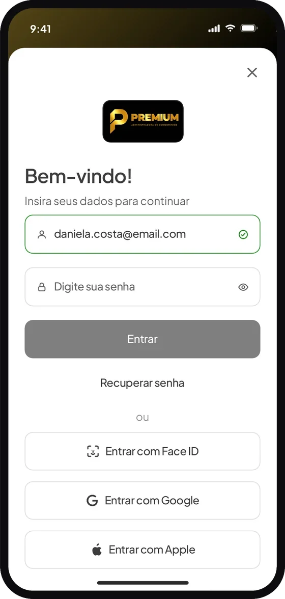 Tela do aplicativo Premium Administradora: Informe o seu usuário (e-mail ou CPF) e a senha, e toque em “Entrar”.