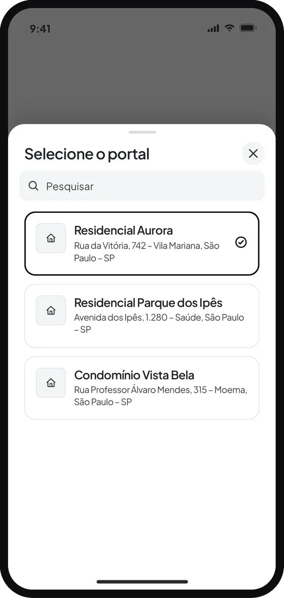Tela do aplicativo Premium Administradora: Escolha o condomínio que deseja acessar. Se você está cadastrado com o mesmo e-mail ou CPF