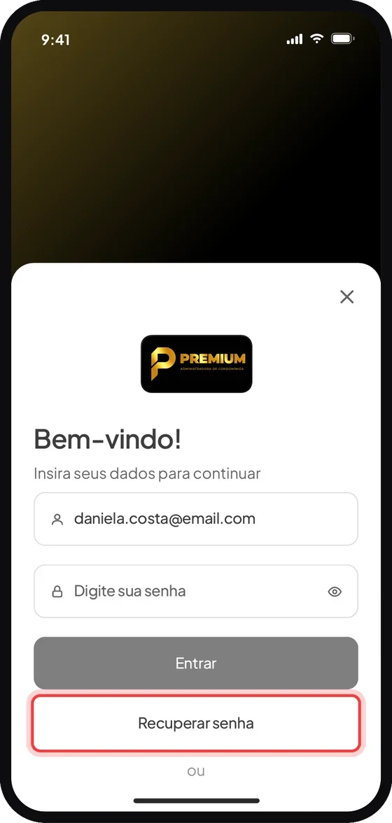 Tela do aplicativo Premium Administradora: Na tela de login, toque em “Recuperar senha”.