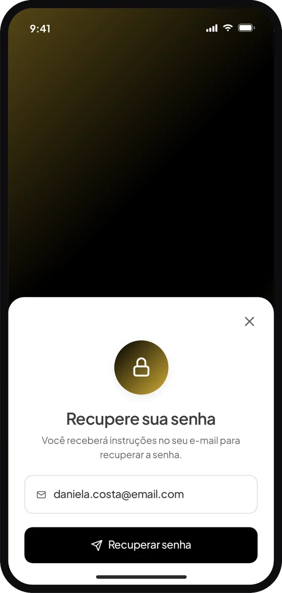 Tela do aplicativo Premium Administradora: Preencha o campo com o e-mail cadastrado e toque em “Recuperar senha”.