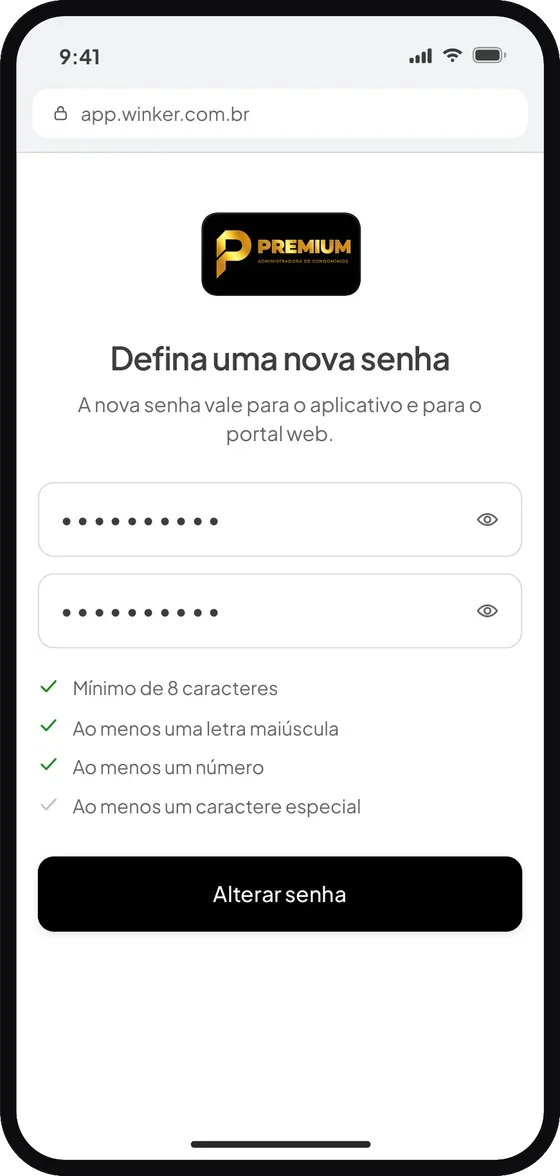 Tela do aplicativo Premium Administradora: Escolha uma nova senha e toque em “Alterar senha”.