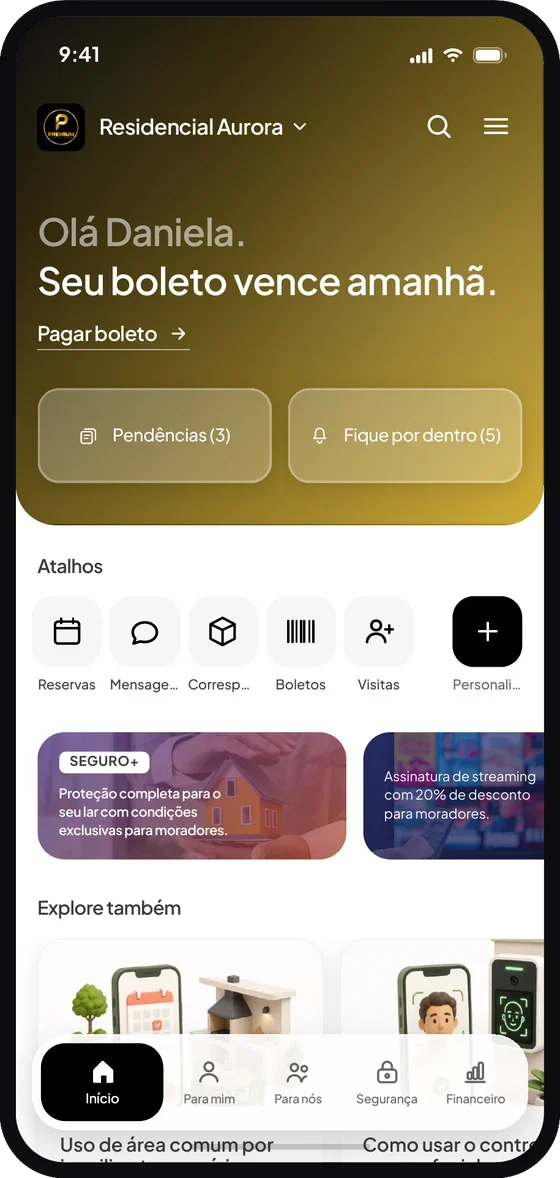Nova tela inicial do aplicativo Premium Administradora, com aviso de boleto, atalhos e pendências