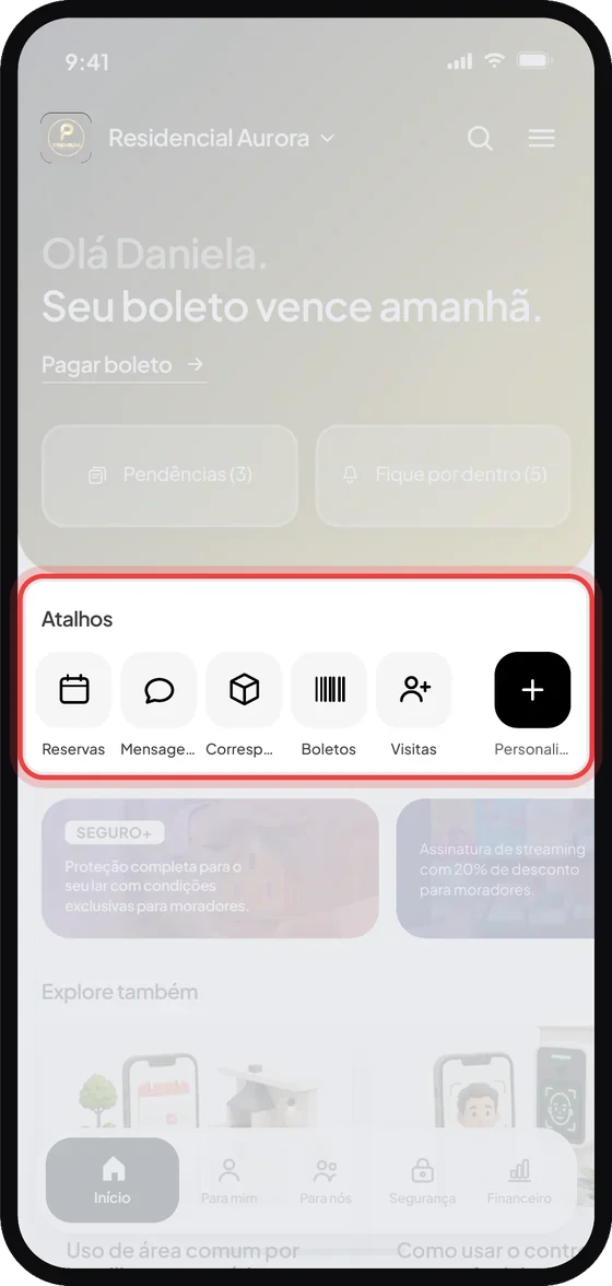 Tela inicial com a seção Atalhos e o botão de personalizar
