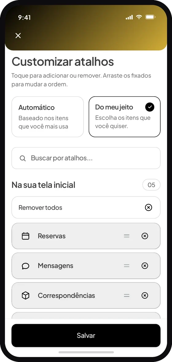 Tela Customizar atalhos, com as opções Automático e Do meu jeito