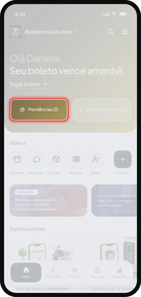 Tela inicial com o atalho Pendências em destaque