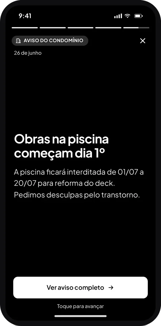 Aviso do condomínio em formato de story, com botão para ver o aviso completo