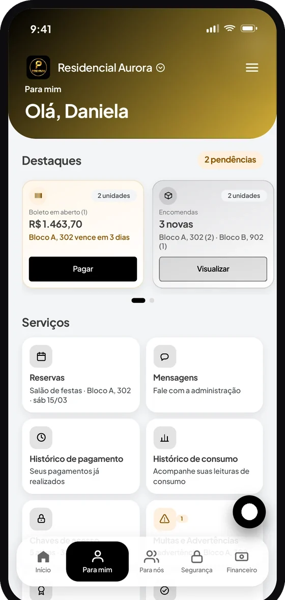 Tela “Para mim” do aplicativo Premium Administradora, com boletos e serviços da unidade