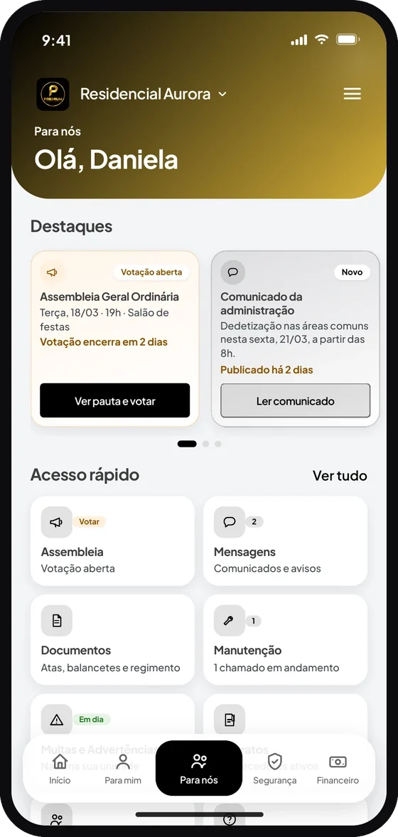 Tela “Para nós” do aplicativo Premium Administradora, com assembleia, comunicados e documentos