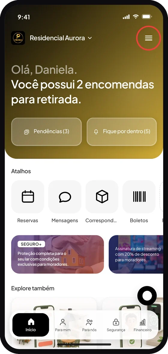 Tela do aplicativo Premium Administradora: Na página inicial, toque no menu: o ícone de três linhas, no topo da tela.