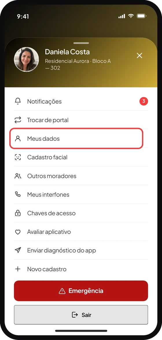 Tela do aplicativo Premium Administradora: No menu, selecione “Meus dados”.