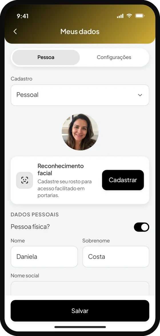 Tela do aplicativo Premium Administradora: Escolha o tipo de cadastro que deseja editar no menu “Cadastro”. No perfil “Pessoal” é pos