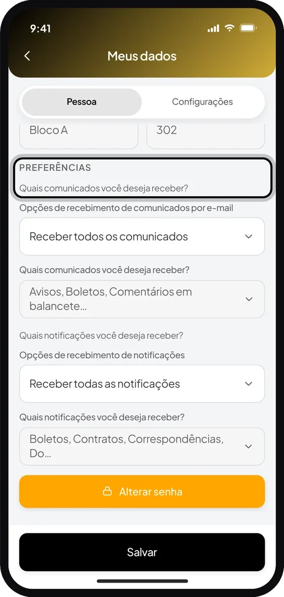 Tela do aplicativo Premium Administradora: Escolha como quer receber os comunicados e toque em “Salvar”. Você decide se recebe por e-