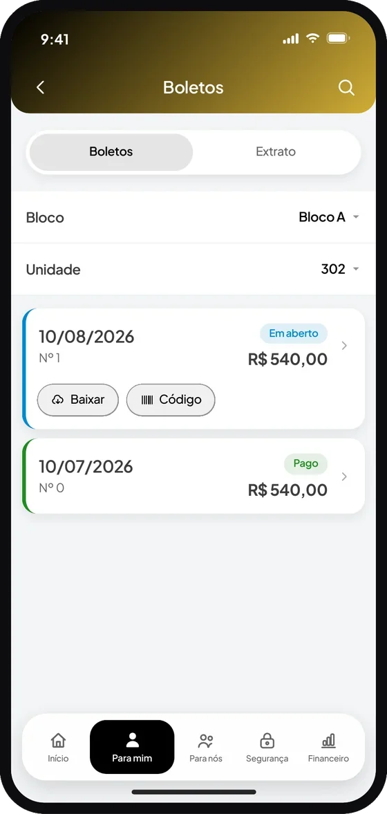 Tela do aplicativo Premium Administradora: Escolha a divisão ou bloco e, em seguida, a unidade desejada.