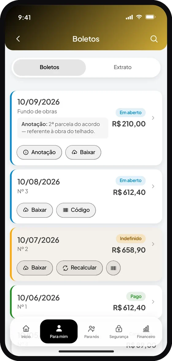 Tela do aplicativo Premium Administradora: Veja o histórico dos últimos 12 meses com o status de cada pagamento. <b>Pago:</b> pagamen