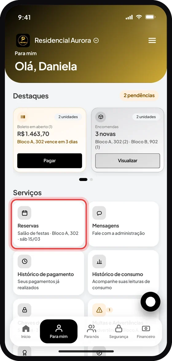Tela do aplicativo Premium Administradora: No menu inferior, toque em “Para mim”. Nessa tela, vá até “Serviços” e toque em “Reservas”