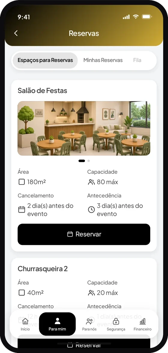 Tela do aplicativo Premium Administradora: Na tela de reservas, toque no espaço que deseja reservar.
