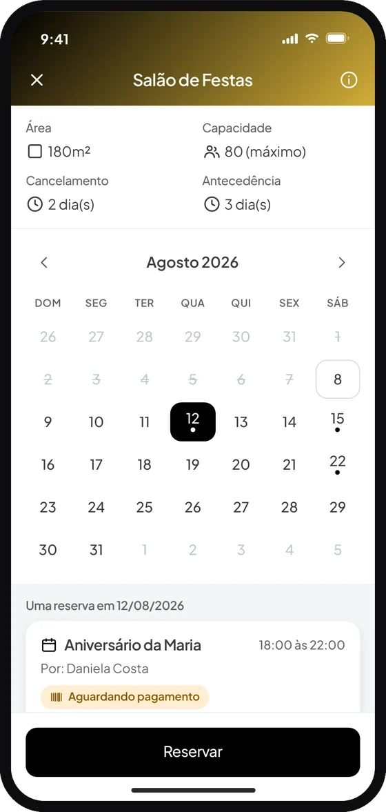 Tela do aplicativo Premium Administradora: No calendário, escolha a data desejada e toque em “Reservar”.