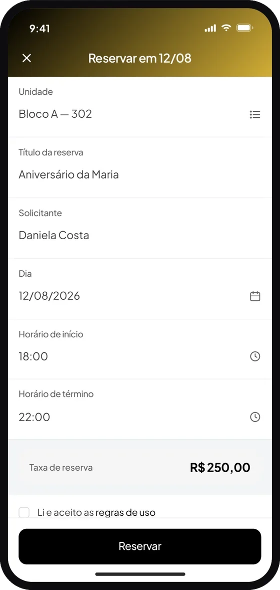 Tela do aplicativo Premium Administradora: Preencha as informações da reserva. Toque em “Reservar” para finalizar.