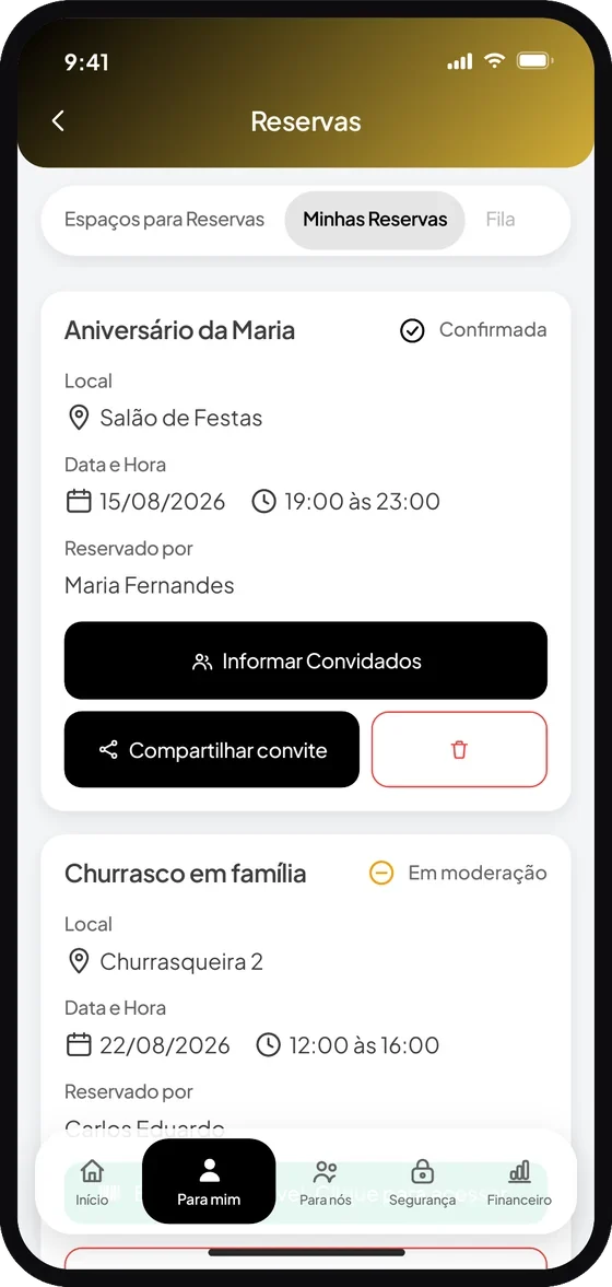 Tela do aplicativo Premium Administradora: Acompanhe a reserva na aba “Minhas Reservas”, com o status, os dados e as ações disponívei