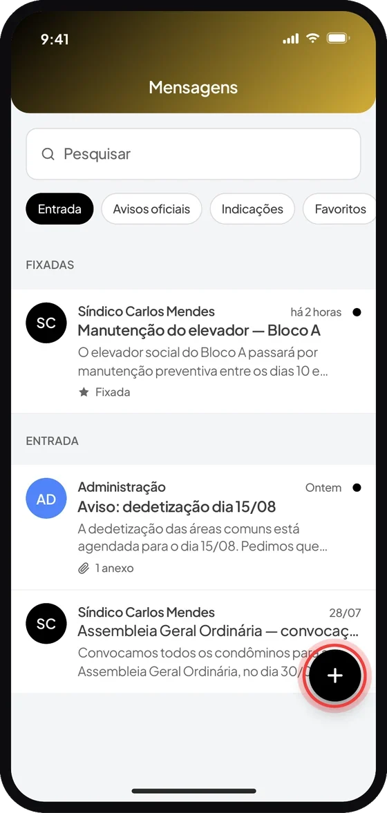 Tela do aplicativo Premium Administradora: Na tela de mensagens, verifique suas mensagens e crie uma nova no botão “+”.