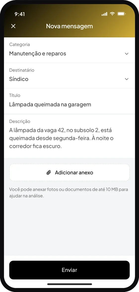 Tela do aplicativo Premium Administradora: Preencha as informações da mensagem: escolha a categoria e o destinatário, escreva o títul