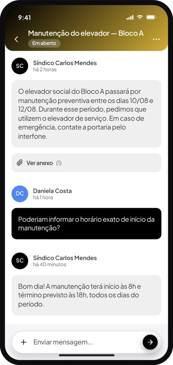 Tela do aplicativo Premium Administradora: A mensagem abre uma conversa: acompanhe as respostas no mesmo lugar.