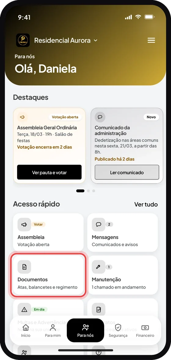 Tela do aplicativo Premium Administradora: No menu inferior, escolha o item “Para nós”. Nessa tela, toque em “Documentos”.