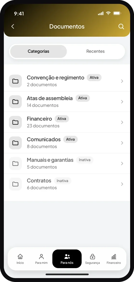 Tela do aplicativo Premium Administradora: Escolha a pasta do assunto que deseja consultar. As pastas são organizadas por assunto: at