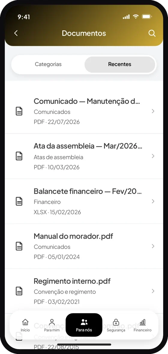 Tela do aplicativo Premium Administradora: Na lista, selecione o documento que deseja consultar.