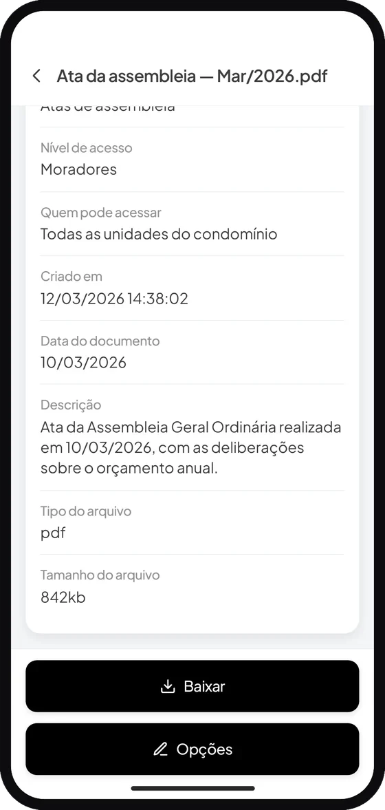 Tela do aplicativo Premium Administradora: Toque em “Baixar” para abrir o documento no seu dispositivo. Antes do download você já vê 